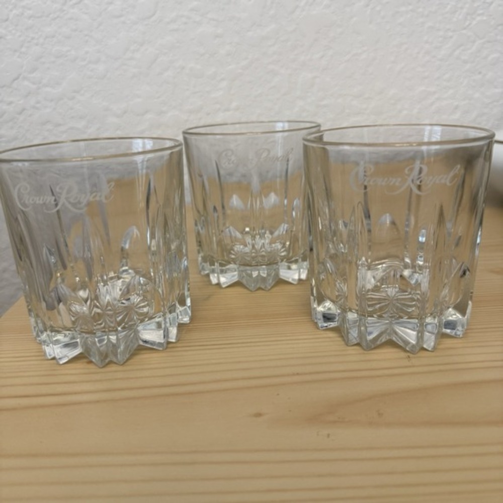 Crown Royal Etched Logo Clear Crystal Cut Whiskey Rocks Glass Set of 3